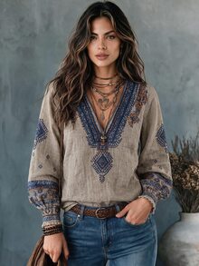 Glimmora Women's Geometric Pattern V-Neck Long Sleeve Casual Shirt - Multicolor - View 2