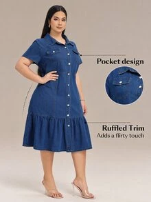 Flexra Plus Flap Pocket Ruffle Hem Denim Dress For Autumn Milkmaid Dress  Autumn Outfits For Women Festival Outfits Sundress - Dark Wash - View 1