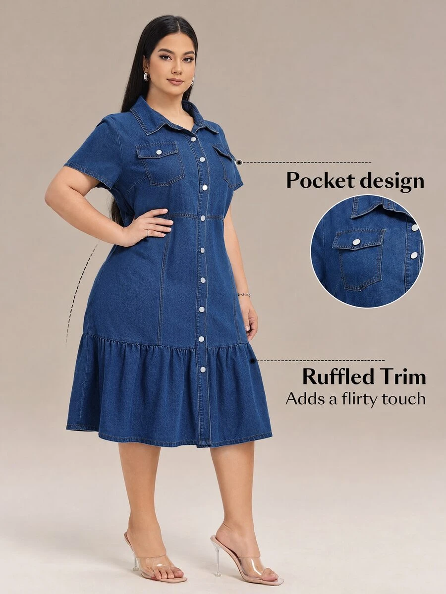Flexra Plus Flap Pocket Ruffle Hem Denim Dress For Autumn Milkmaid Dress Autumn Outfits For Women Festival Outfits Sundress - Dark Wash - View 1