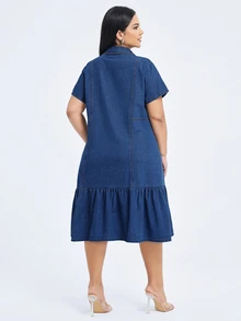 Flexra Plus Flap Pocket Ruffle Hem Denim Dress For Autumn Milkmaid Dress  Autumn Outfits For Women Festival Outfits Sundress - Dark Wash - View 2