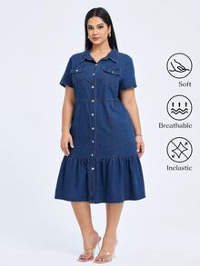 Flexra Plus Flap Pocket Ruffle Hem Denim Dress For Autumn Milkmaid Dress  Autumn Outfits For Women Festival Outfits Sundress - Dark Wash - View 3
