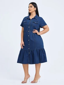 Flexra Plus Flap Pocket Ruffle Hem Denim Dress For Autumn Milkmaid Dress  Autumn Outfits For Women Festival Outfits Sundress - Dark Wash - View 8