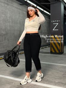 Flexra 大尺碼女款針織運動商務休閒端莊直筒牛仔褲，黑色夏季度假正式款，適合度假、假期、正式場合與時裝週 - 黑色 - 查看 8