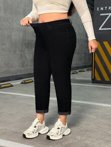 Flexra 大尺碼女款針織運動商務休閒端莊直筒牛仔褲，黑色夏季度假正式款，適合度假、假期、正式場合與時裝週 - 黑色 - 查看 6