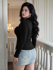 Vibekara Plus Size Autumn/Winter Knitted Triangle Neck High Neck Cinched Waist Ruched Long Sleeve Sexy Versatile T-Shirt - Black - View 2