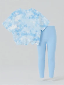 SHEIN 1套女童休閒舒適時尚甜美可愛公主風白色印花圓領短袖T恤與內搭褲套裝，適合外出、生日 - 彩色 - 查看 2