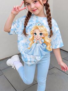 SHEIN 1套女童休閒舒適時尚甜美可愛公主風白色印花圓領短袖T恤與內搭褲套裝，適合外出、生日 - 彩色 - 查看 3
