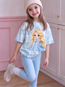 SHEIN 1套女童休閒舒適時尚甜美可愛公主風白色印花圓領短袖T恤與內搭褲套裝，適合外出、生日 - 彩色 - 查看 1