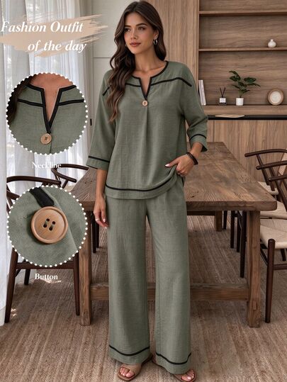 Elouméa Fall/Winter Women's V-Neck Button Contrast Stripe Loose Pants Set, Casual Daily & Vacation Outfit