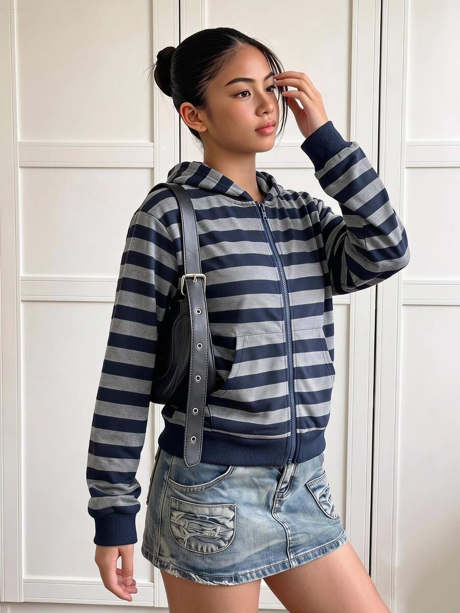 SHEIN Fall/ Tween Girls' Striped Pattern Hooded Zip-Up Jacket - Colorblock Mixed Street Style Y2k Casual, Warm Knitted Fabric School Navy Blue - Blue - View 1