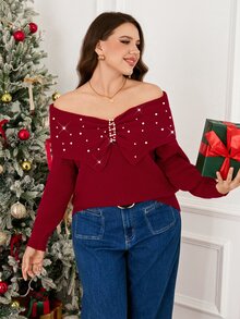 Easowa Curve Plus Size Women's Faux Pearl Decor Casual Everyday Cardigan Fall - Red - View 1