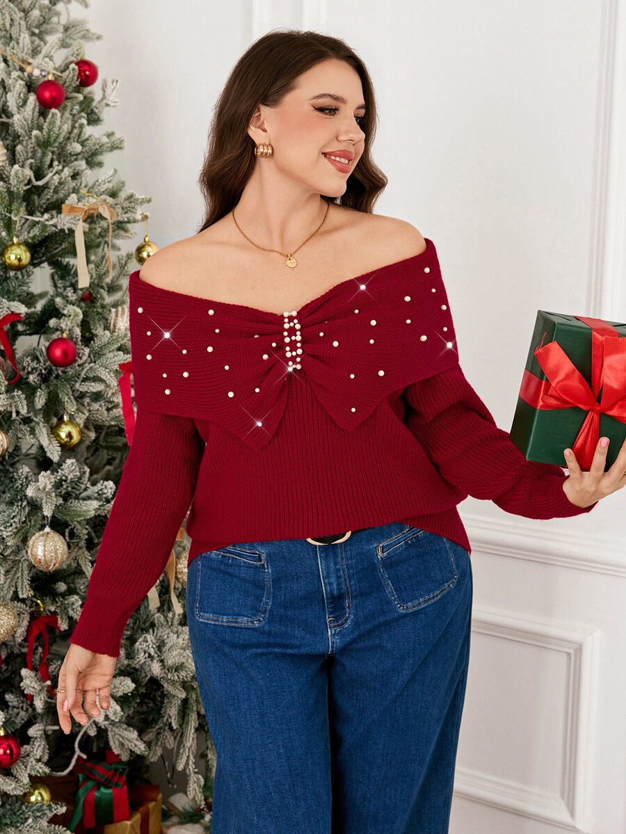 Easowa Curve Plus Size Women's Faux Pearl Decor Casual Everyday Cardigan Fall - Red - View 1