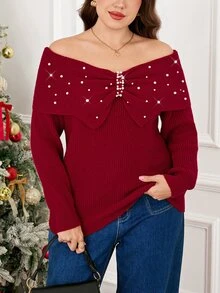 Easowa Curve Plus Size Women's Faux Pearl Decor Casual Everyday Cardigan Fall - Red - View 4
