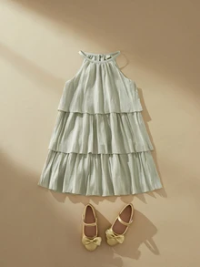 SHEIN Young Girl Solid Color Multi-Layer Ruffle Halter Dress, Summer Wedding Guest Vacation Layered Mother Daughter Party Cocktail Dresses For Young Girls Charming - Green - View 8