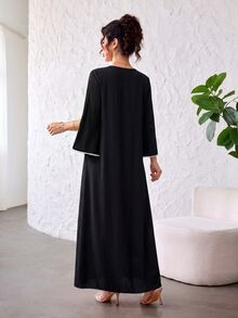 Yasmyna 優雅 Filipiniana V領珍珠飾邊拼接花卉印花寬鬆顯瘦修身大裙擺浪漫女款禮服，適合婚禮、晚宴，黑色，秋季 - 黑色 - 查看 7