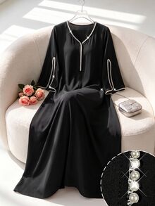 Yasmyna 優雅 Filipiniana V領珍珠飾邊拼接花卉印花寬鬆顯瘦修身大裙擺浪漫女款禮服，適合婚禮、晚宴，黑色，秋季 - 黑色 - 查看 5