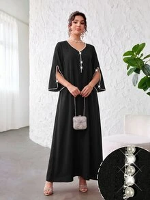 Yasmyna 優雅 Filipiniana V領珍珠飾邊拼接花卉印花寬鬆顯瘦修身大裙擺浪漫女款禮服，適合婚禮、晚宴，黑色，秋季 - 黑色 - 查看 1