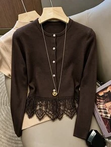 SHEIN Franclia Elegant Lace Trim Women's Cardigan - Coffee Brown - View 1