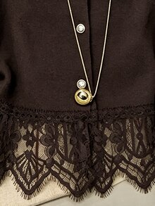SHEIN Franclia Elegant Lace Trim Women's Cardigan - Coffee Brown - View 5