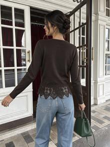 SHEIN Franclia Elegant Lace Trim Women's Cardigan - Coffee Brown - View 2