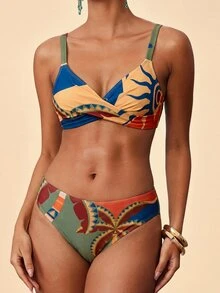 Travachic Women's Summer Beach Colorblock Pleated Spaghetti Strap Sexy Bikini Top And Triangle Bottom Two-Piece Swimwear Set - Multicolor - View 7
