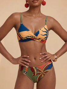 Travachic Women's Summer Beach Colorblock Pleated Spaghetti Strap Sexy Bikini Top And Triangle Bottom Two-Piece Swimwear Set - Multicolor - View 9