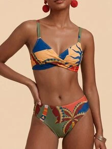 Travachic Women's Summer Beach Colorblock Pleated Spaghetti Strap Sexy Bikini Top And Triangle Bottom Two-Piece Swimwear Set - Multicolor - View 5