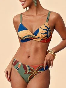 Travachic Women's Summer Beach Colorblock Pleated Spaghetti Strap Sexy Bikini Top And Triangle Bottom Two-Piece Swimwear Set - Multicolor - View 10