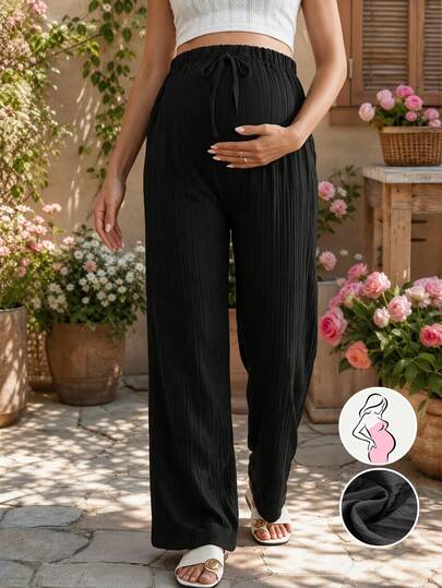 SHEIN بنطال كاجوال واسع الساق برباط شد وملمس موجي أبيض، بنطال طويل متعدد الاستخدامات للاستخدام اليومي والمنزلي والتنقل