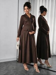 Momance Brown Knit Maternity Elegant Dress With Lapel Collar And Button Design, Short Sleeve And Slim Fit Pockets, Vintage Style - Brown - View 3