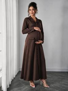Momance Brown Knit Maternity Elegant Dress With Lapel Collar And Button Design, Short Sleeve And Slim Fit Pockets, Vintage Style - Brown - View 2