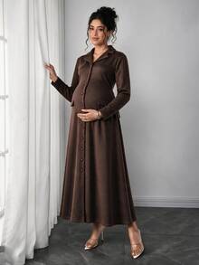 Momance Brown Knit Maternity Elegant Dress With Lapel Collar And Button Design, Short Sleeve And Slim Fit Pockets, Vintage Style - Brown - View 6