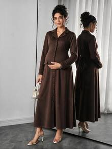 Momance Brown Knit Maternity Elegant Dress With Lapel Collar And Button Design, Short Sleeve And Slim Fit Pockets, Vintage Style - Brown - View 1