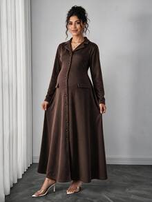 Momance Brown Knit Maternity Elegant Dress With Lapel Collar And Button Design, Short Sleeve And Slim Fit Pockets, Vintage Style - Brown - View 5