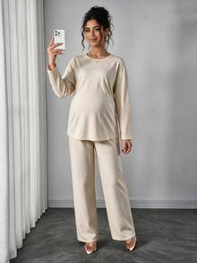 Momance-D Women's Apricot Round Neck Long Sleeve Top + Loose Adjustable Waist Pants With Pockets Maternity 2 Pieces Set, Spring/Autumn - Apricot - View 2
