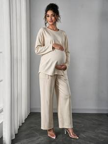 Momance-D Women's Apricot Round Neck Long Sleeve Top + Loose Adjustable Waist Pants With Pockets Maternity 2 Pieces Set, Spring/Autumn - Apricot - View 3