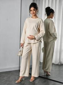 Momance-D Women's Apricot Round Neck Long Sleeve Top + Loose Adjustable Waist Pants With Pockets Maternity 2 Pieces Set, Spring/Autumn - Apricot - View 6