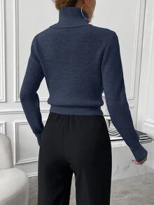 Calvaya Women's Solid Color Turtleneck Long Sleeve Casual Sweater, Autumn/Winter - Navy Blue - View 3