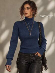 Calvaya Women's Solid Color Turtleneck Long Sleeve Casual Sweater, Autumn/Winter - Navy Blue - View 2