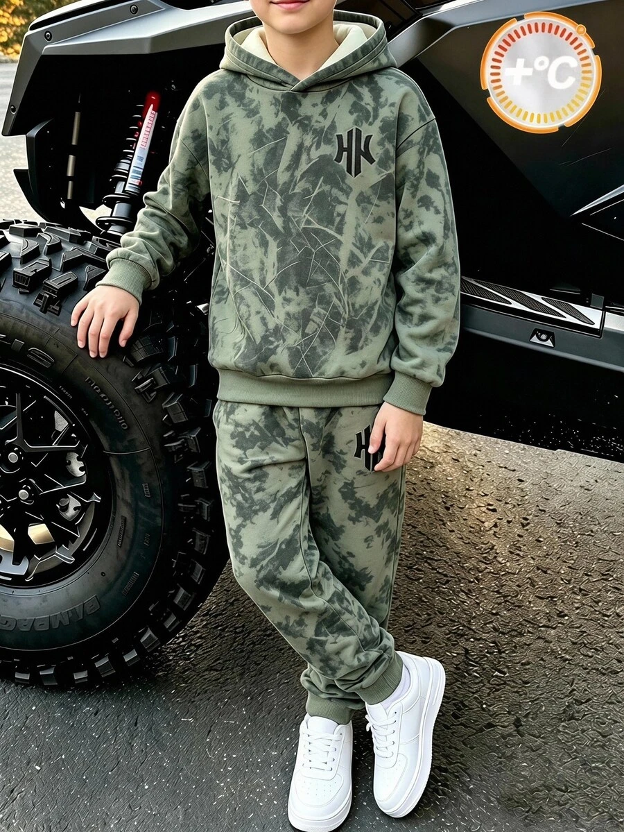 青少年男孩街頭風運動休閒服 簡約落葉字母印花拼色連帽衛衣套裝 運動校園聖誕生日禮物 - 彩色 - 查看 1