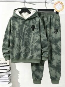 青少年男孩街頭風運動休閒服 簡約落葉字母印花拼色連帽衛衣套裝 運動校園聖誕生日禮物 - 彩色 - 查看 3