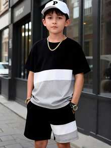 SHEIN 2件組男童休閒寬鬆拼色圓領T恤套裝，舒適時尚，適合日常、學校與運動穿著，黑白配色夏季款 - 黑色 - 查看 4