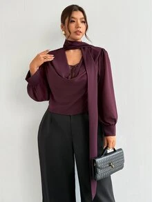 Firerie Plus Size Women Lace Patchwork Casual Elegant Daily Long Sleeve Blouse Formal Party Office Fall/Winter Elegant Thanksgiving & New Year Party Blouse - Purple - View 1