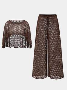 Bonvoyette Women's Solid Color Top And Long Pants Casual Vacation Cover-Up 2 Pieces Set - Brown - View 2