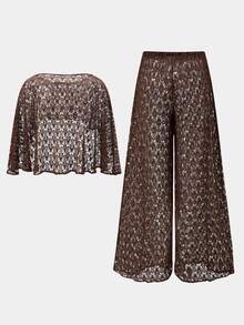 Bonvoyette Women's Solid Color Top And Long Pants Casual Vacation Cover-Up 2 Pieces Set - Brown - View 5