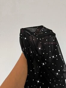 Lavishia 2pcs Set Women's Fashionable Net Fabric With Rhinestone Decor, Versatile Black, Suitable For Autumn/Winter Outings Two Pieces Fall Outfits - Black - View 8