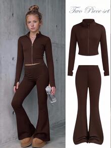 SHEIN NovaGlow Tween Girl Sporty Kids Casual Daily Knit Solid Color Jacket & Flared Long Pants Set - Coffee Brown - View 1