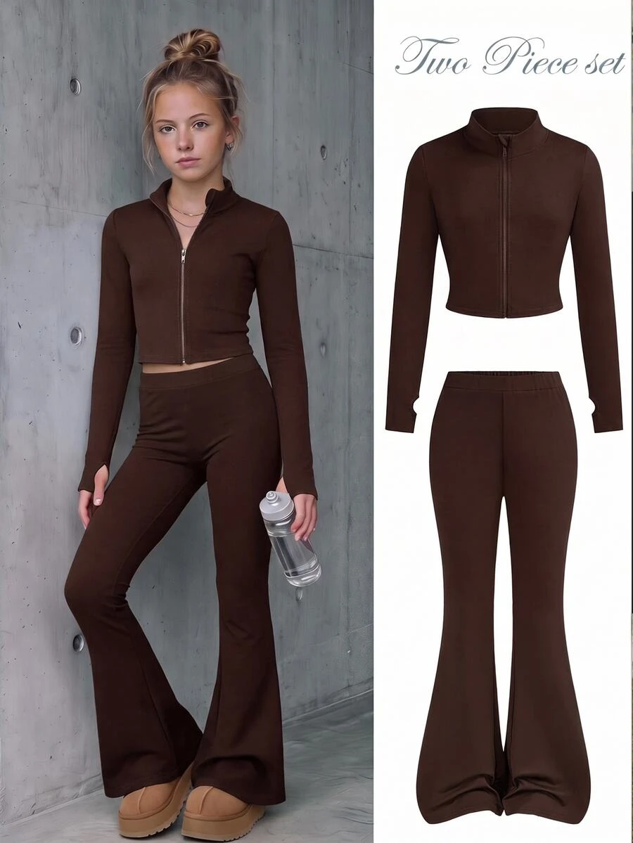 SHEIN NovaGlow Tween Girl Sporty Kids Casual Daily Knit Solid Color Jacket & Flared Long Pants Set - Coffee Brown - View 1