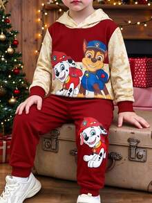 SHEIN | PAW Patrol 男童紅色拼接卡通狗字母印花連帽衫套裝，秋季休閒寬鬆長袖羅紋袖口，返校穿搭，適合冬季聖誕生日 - 彩色 - 查看 1