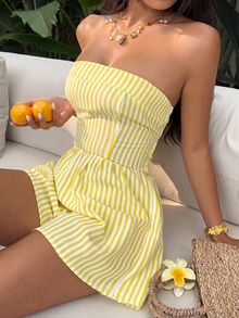 Sunnyshic 女士休闲度假时尚日常夏季假日穿搭，黄白条纹抹胸收腰阔腿连体裤 - 彩色 - 查看 3